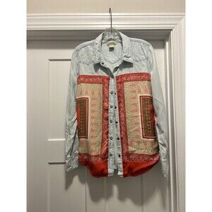 Lucky Brand Dixie Scarf Printed Snap Button Chambray Shirt Top Boho Size Large